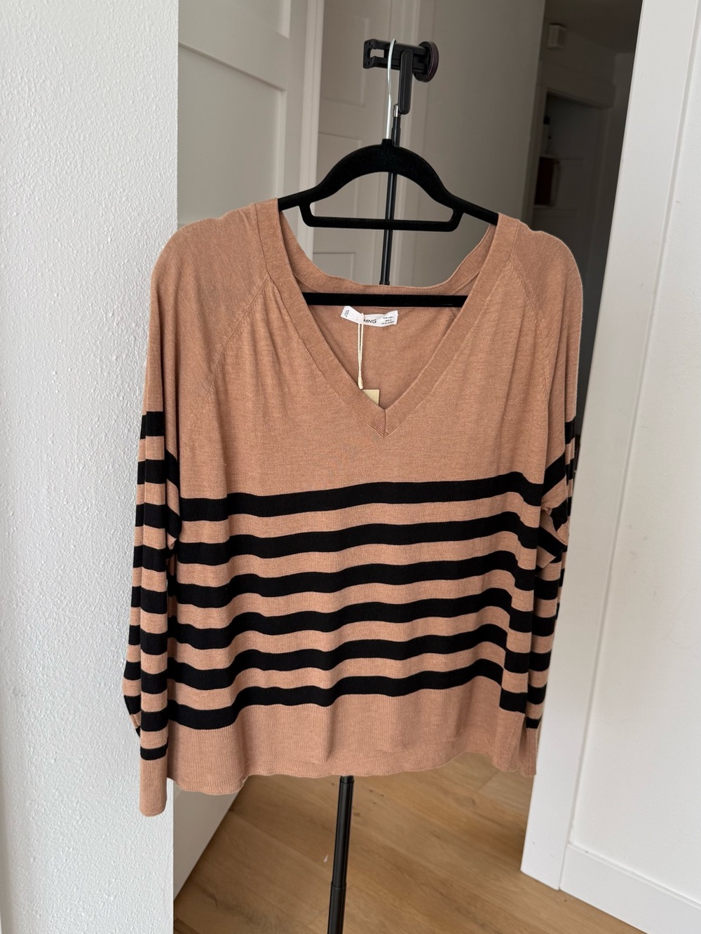 Mango Camel and Black Striped V-Neck Sweater